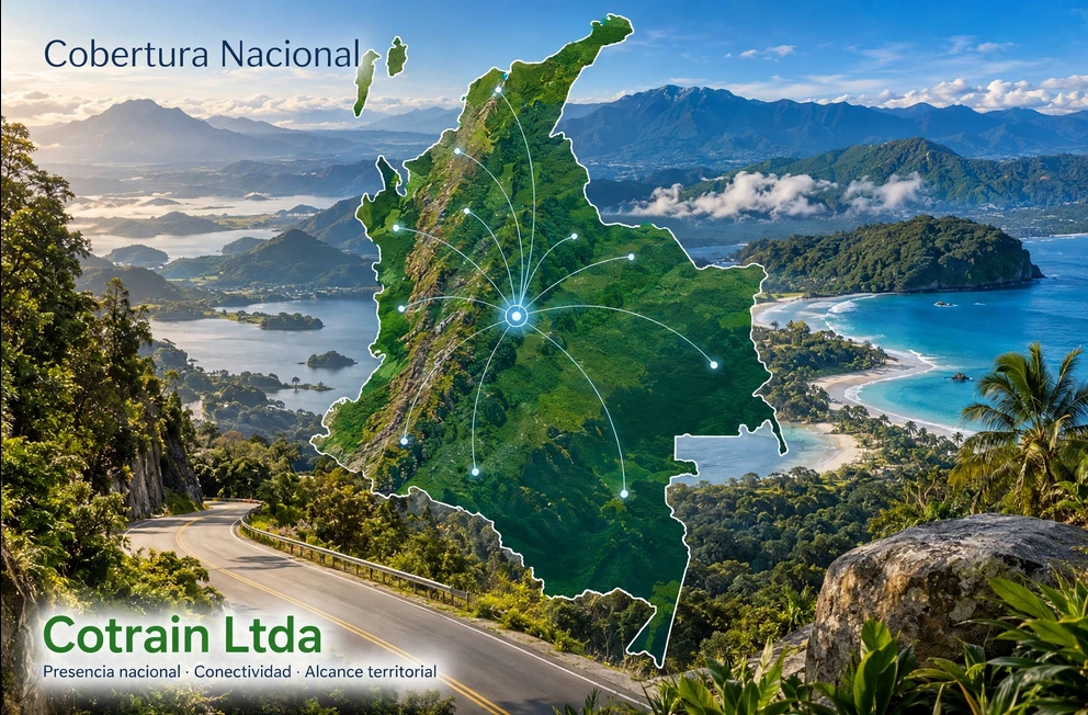 Mapa de Colombia representando la cobertura nacional de los servicios de transporte especial de Cotrain Ltda
